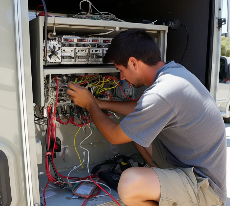 LiFePO4 lithium battery bank in a Class A motorhome at a Miami-Dade storage location